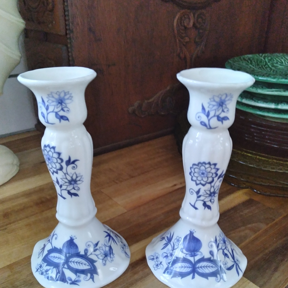 Blue and White Floral Candlestick Holders